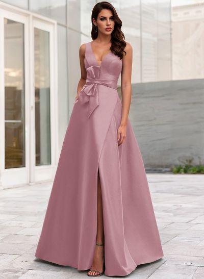 A-Line V-Neck Sleeveless Floor-Length Satin Mother Of The Bride Dresses With Bow(s)