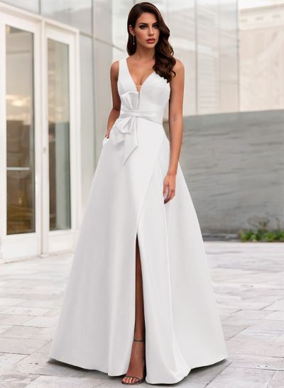 A-Line V-Neck Sleeveless Floor-Length Satin Mother Of The Bride Dresses With Bow(s)