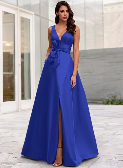 A-Line V-Neck Sleeveless Floor-Length Satin Mother Of The Bride Dresses With Bow(s)