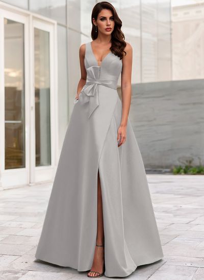 A-Line V-Neck Sleeveless Floor-Length Satin Mother Of The Bride Dresses With Bow(s)