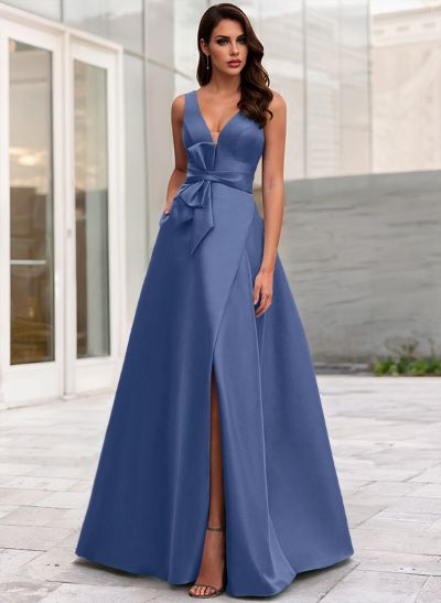 A-Line V-Neck Sleeveless Floor-Length Satin Mother Of The Bride Dresses With Bow(s)