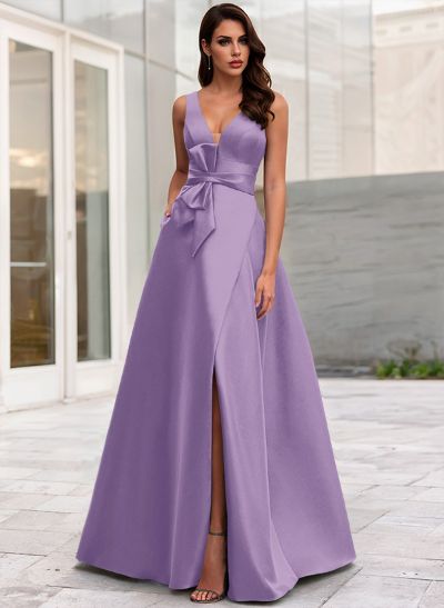 A-Line V-Neck Sleeveless Floor-Length Satin Mother Of The Bride Dresses With Bow(s)