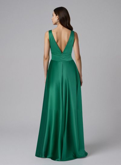 A-Line V-Neck Sleeveless Floor-Length Satin Mother Of The Bride Dresses With Bow(s)