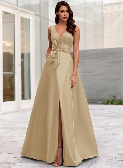 A-Line V-Neck Sleeveless Floor-Length Satin Mother Of The Bride Dresses With Bow(s)