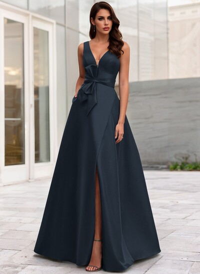 A-Line V-Neck Sleeveless Floor-Length Satin Mother Of The Bride Dresses With Bow(s)