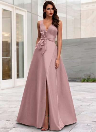 A-Line V-Neck Sleeveless Floor-Length Satin Mother Of The Bride Dresses With Bow(s)