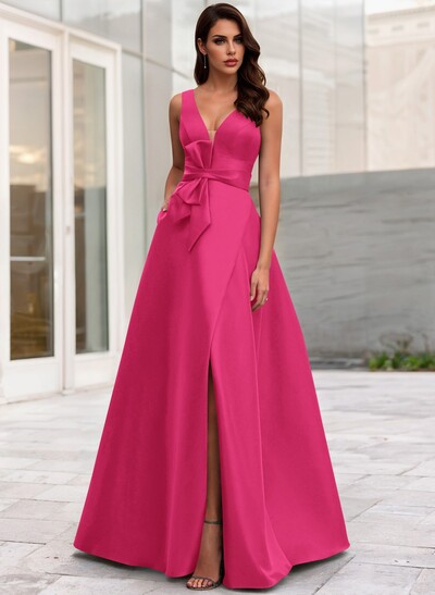 A-Line V-Neck Sleeveless Floor-Length Satin Mother Of The Bride Dresses With Bow(s)