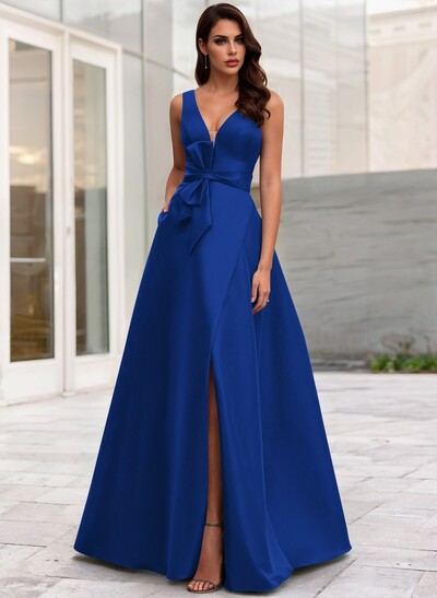 A-Line V-Neck Sleeveless Floor-Length Satin Mother Of The Bride Dresses With Bow(s)