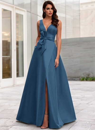 A-Line V-Neck Sleeveless Floor-Length Satin Mother Of The Bride Dresses With Bow(s)