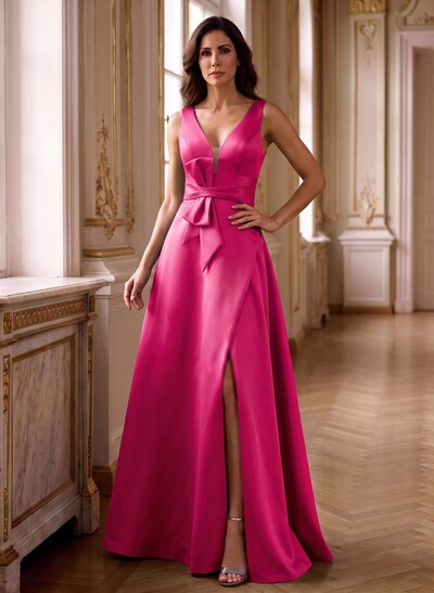 A-Line V-Neck Sleeveless Floor-Length Satin Mother Of The Bride Dresses With Bow(s)