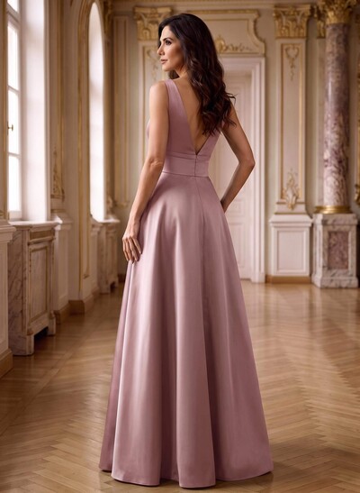 A-Line V-Neck Sleeveless Floor-Length Satin Mother Of The Bride Dresses With Bow(s)