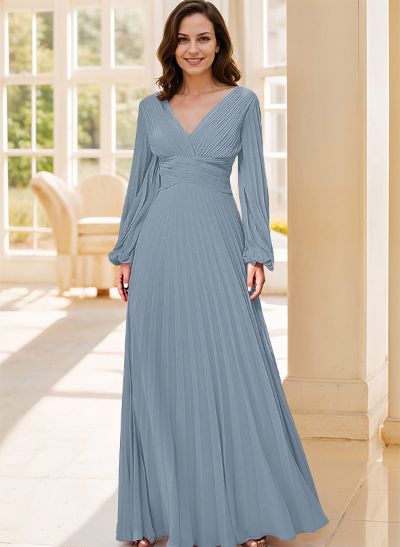 A-Line V-Neck Long Sleeves Floor-Length Chiffon Mother Of The Bride Dresses