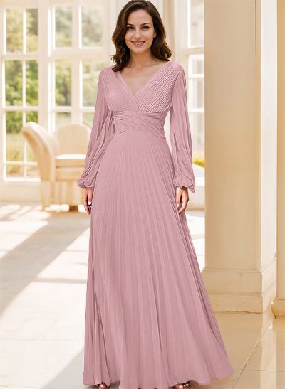 A-Line V-Neck Long Sleeves Floor-Length Chiffon Mother Of The Bride Dresses