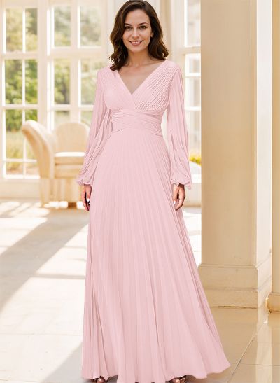 A-Line V-Neck Long Sleeves Floor-Length Chiffon Mother Of The Bride Dresses