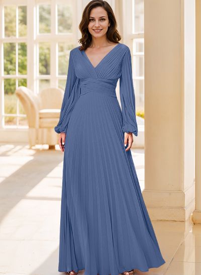 A-Line V-Neck Long Sleeves Floor-Length Chiffon Mother Of The Bride Dresses