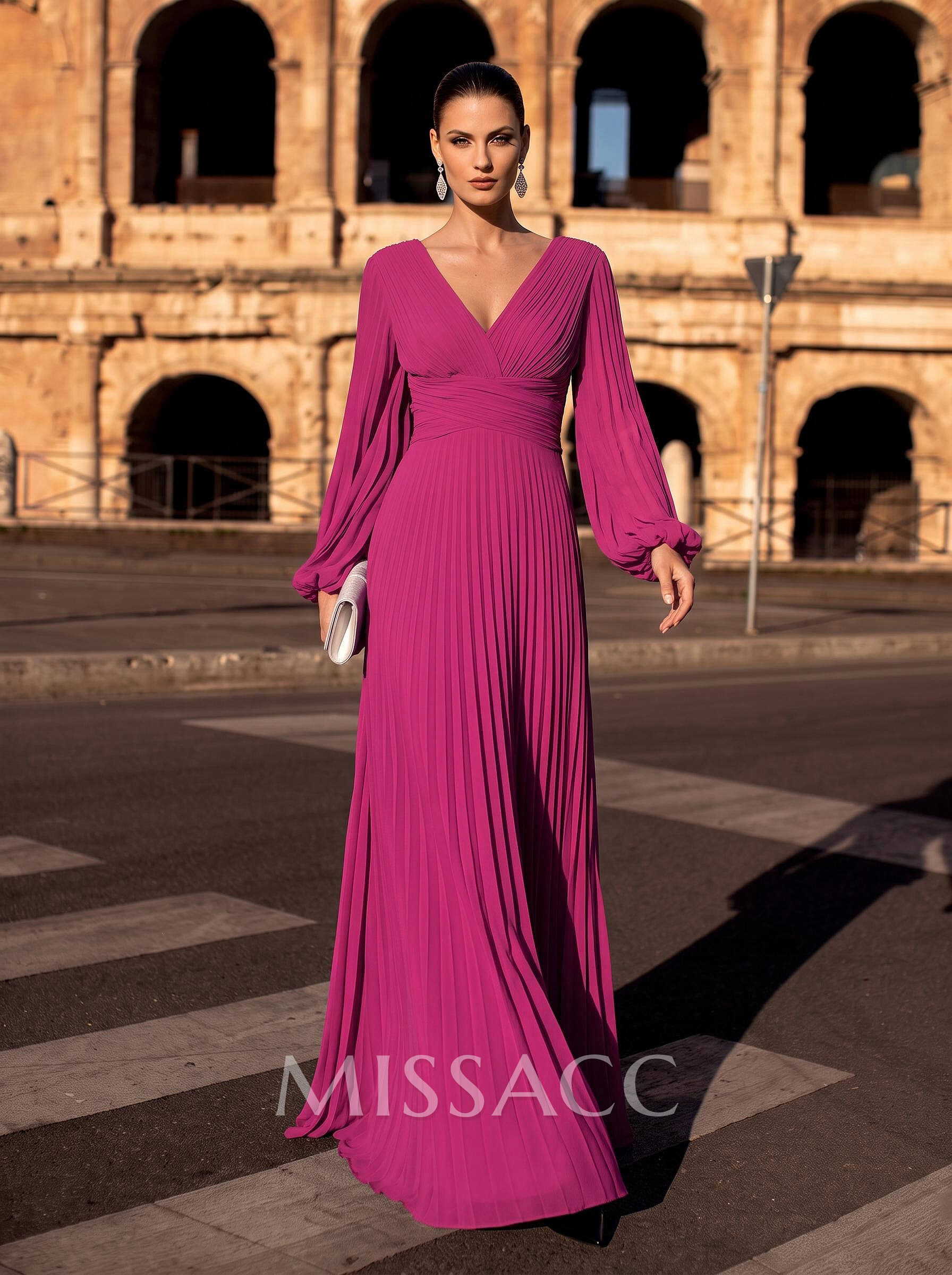 A-Line V-Neck Long Sleeves Floor-Length Chiffon Mother Of The Bride Dresses