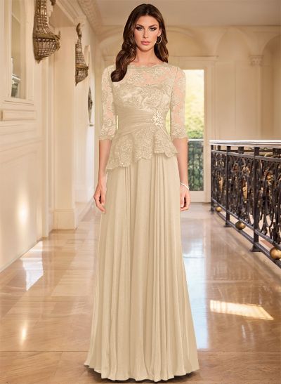 A-Line Scoop Neck 3/4 Sleeves Floor-Length Chiffon/Lace Mother Of The Bride Dresses