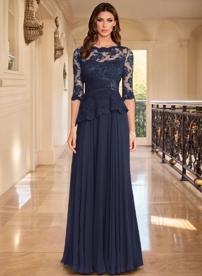 A-Line Scoop Neck 3/4 Sleeves Floor-Length Chiffon/Lace Mother Of The Bride Dresses