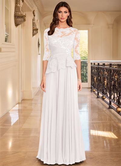 A-Line Scoop Neck 3/4 Sleeves Floor-Length Chiffon/Lace Mother Of The Bride Dresses