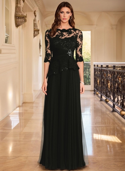 A-Line Scoop Neck 3/4 Sleeves Floor-Length Chiffon/Lace Mother Of The Bride Dresses