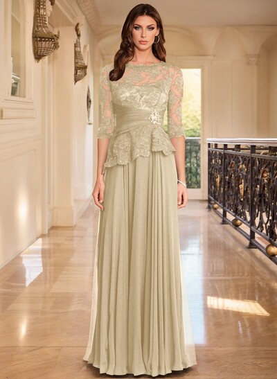 A-Line Scoop Neck 3/4 Sleeves Floor-Length Chiffon/Lace Mother Of The Bride Dresses