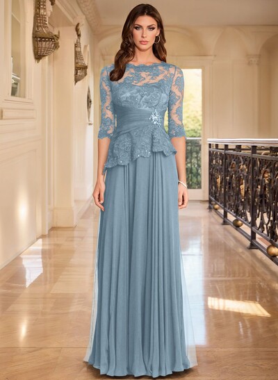 A-Line Scoop Neck 3/4 Sleeves Floor-Length Chiffon/Lace Mother Of The Bride Dresses
