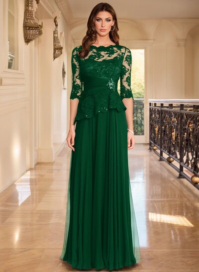 A-Line Scoop Neck 3/4 Sleeves Floor-Length Chiffon/Lace Mother Of The Bride Dresses
