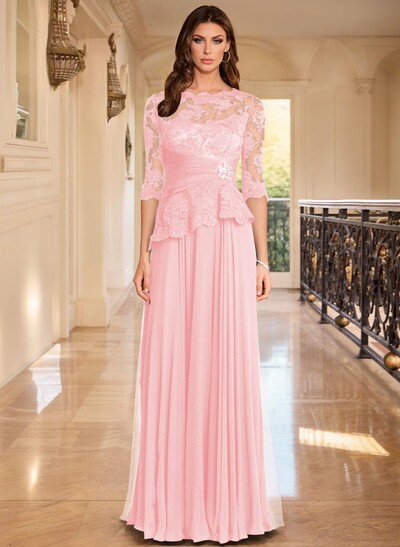 A-Line Scoop Neck 3/4 Sleeves Floor-Length Chiffon/Lace Mother Of The Bride Dresses