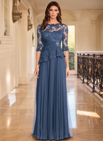 A-Line Scoop Neck 3/4 Sleeves Floor-Length Chiffon/Lace Mother Of The Bride Dresses