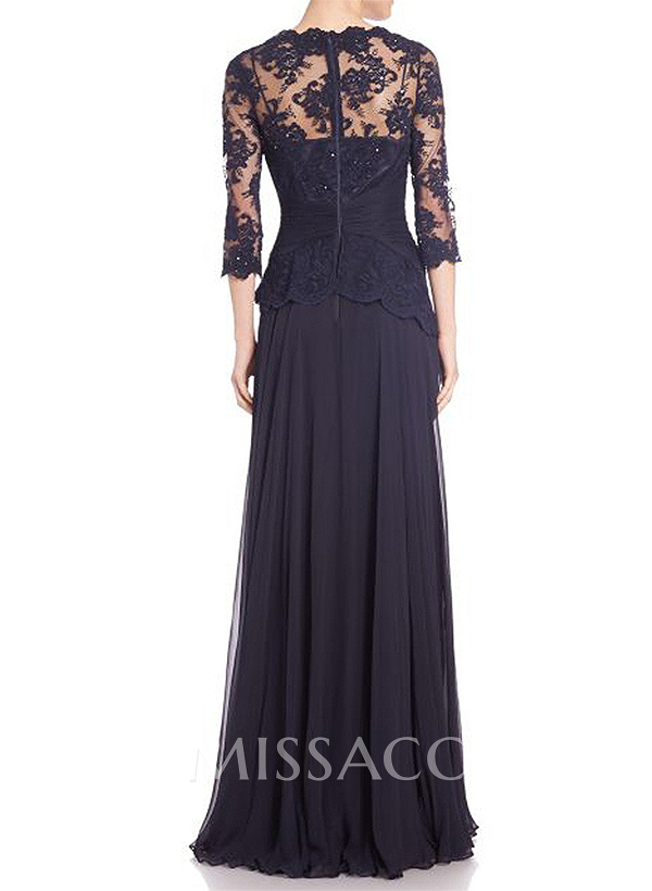 A-Line Scoop Neck 3/4 Sleeves Floor-Length Chiffon/Lace Mother Of The Bride Dresses