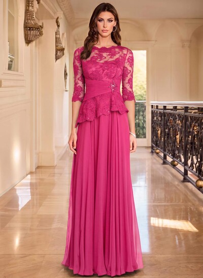 A-Line Scoop Neck 3/4 Sleeves Floor-Length Chiffon/Lace Mother Of The Bride Dresses