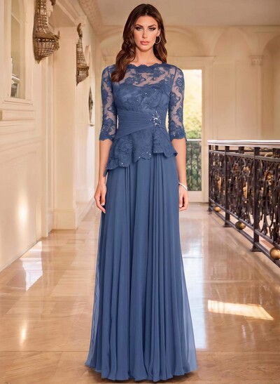 A-Line Scoop Neck 3/4 Sleeves Floor-Length Chiffon/Lace Mother Of The Bride Dresses