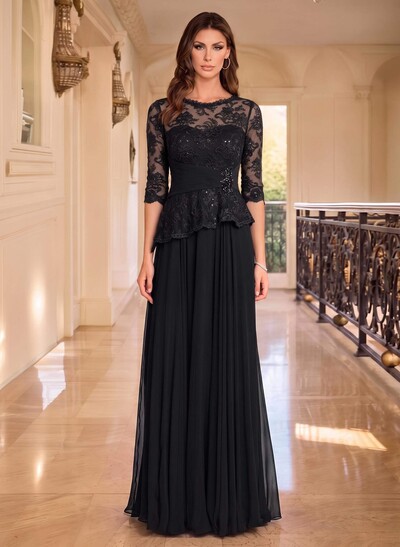 A-Line Scoop Neck 3/4 Sleeves Floor-Length Chiffon/Lace Mother Of The Bride Dresses