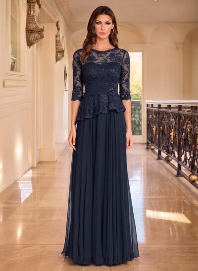 A-Line Scoop Neck 3/4 Sleeve Maxi Chiffon & Lace Mother Of The Bride Dresses
