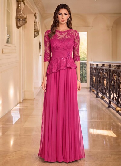 A-Line Scoop Neck 3/4 Sleeve Maxi Chiffon & Lace Mother Of The Bride Dresses