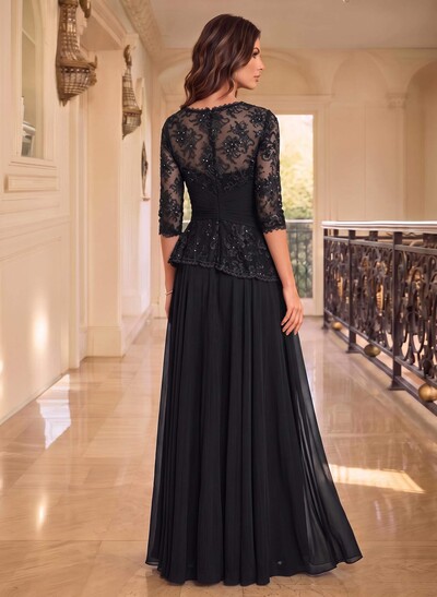 A-Line Scoop Neck 3/4 Sleeves Floor-Length Chiffon/Lace Mother Of The Bride Dresses