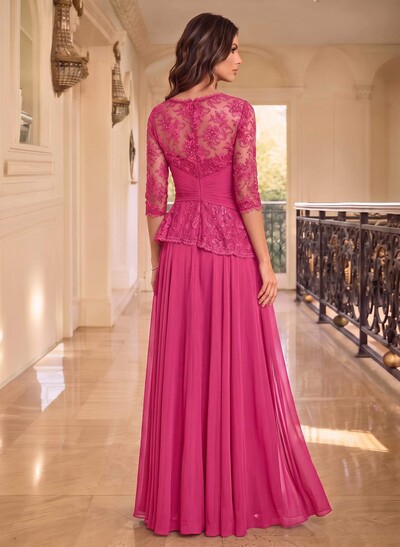 A-Line Scoop Neck 3/4 Sleeve Maxi Chiffon & Lace Mother Of The Bride Dresses