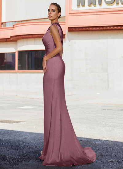 Flattering Ruched Sloping Shoulder Matte Satin Mother Of The Bride Dresses With High Slit