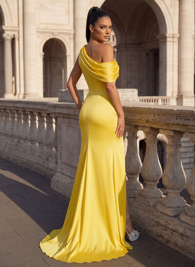 Flattering Ruched Sloping Shoulder Matte Satin Mother Of The Bride Dresses With High Slit