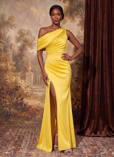 Flattering Ruched Drop Shoulder Matte Satin Mother of the Bride Dresses with High Slit