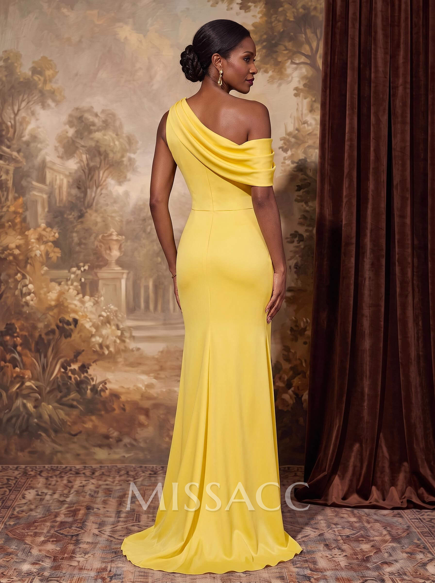 Flattering Ruched Sloping Shoulder Matte Satin Mother Of The Bride Dresses With High Slit