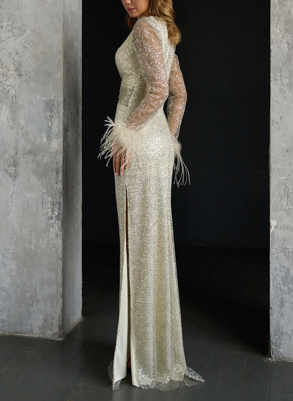 Sheath V-Neck Long Sleeves Floor-Length Sequined Mother Of The Bride Dresses