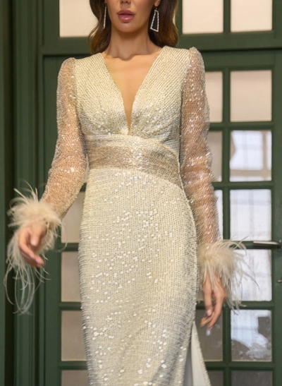 Sheath V-Neck Long Sleeves Floor-Length Sequined Mother Of The Bride Dresses