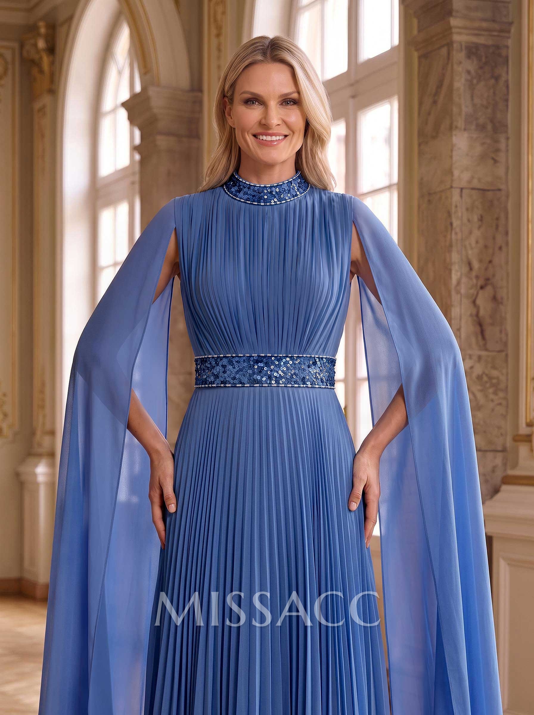 A-Line High Neck Floor-Length Chiffon Mother Of The Bride Dresses With Pleated