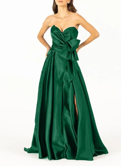A-Line Strapless Sleeveless Satin Mother Of The Bride Dresses With Split Front