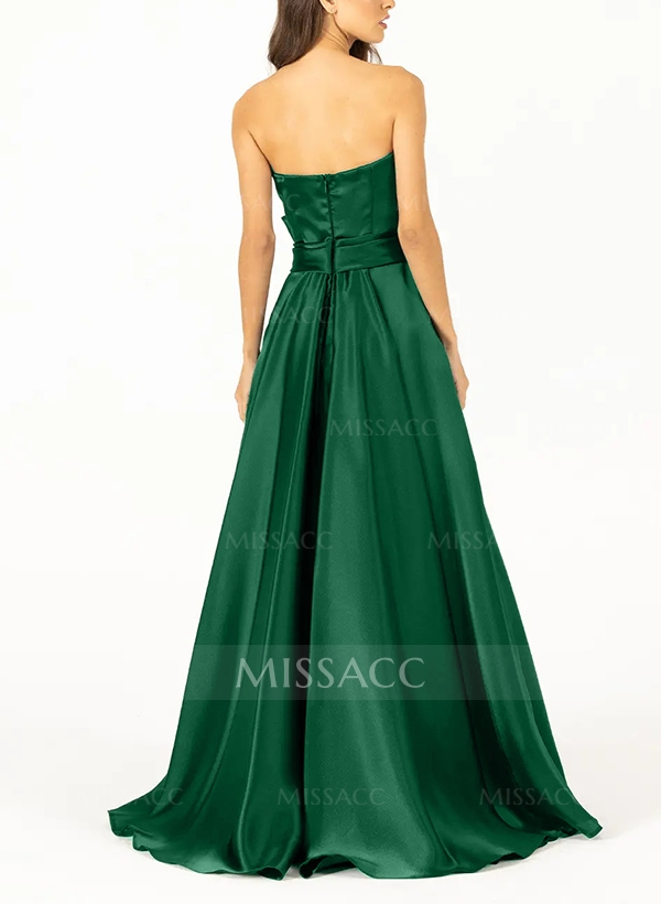 A-Line Strapless Sleeveless Satin Mother Of The Bride Dresses With Split Front