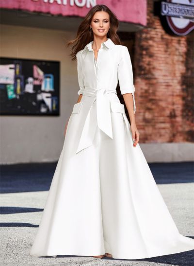 A-Line V-Neck 1/2 Sleeves Satin Mother Of The Bride Dresses With Sash