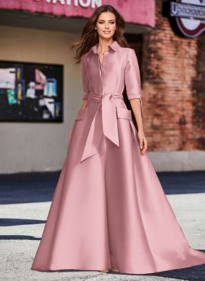 A-Line V-Neck 1/2 Sleeves Satin Mother Of The Bride Dresses With Sash