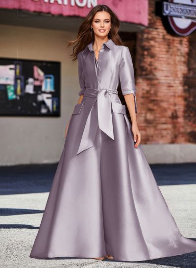 A-Line V-Neck 1/2 Sleeves Satin Mother Of The Bride Dresses With Sash A-Line V-Neck 1/2 Sleeves Satin Mother Of The Bride Dresses With Sash