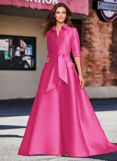 A-Line V-Neck 1/2 Sleeves Satin Mother Of The Bride Dresses With Sash